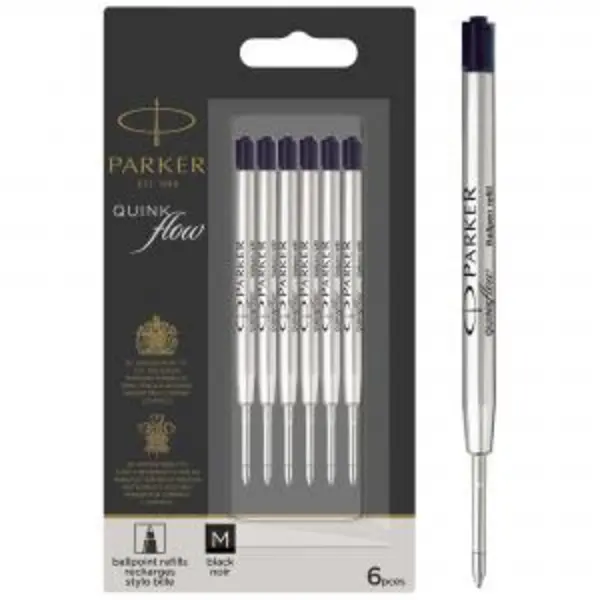 Parker Quink Flow Ballpoint Refill for Ballpoint Pens Medium Black (Pack 6) 2025154