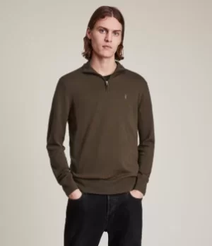 AllSaints Mens Kilburn Zip Funnel Jumper, Green, Size: L