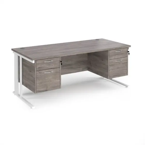 Maestro 25 straight desk 1800mm x 800mm with two x 2 drawer pedestals - white cable managed leg frame, grey oak top