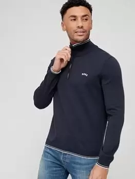 BOSS Zitom Quarter Zip Knitted Jumper - Dark Blue, Dark Blue, Size L, Men