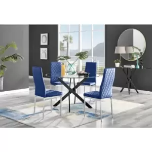 Furniturebox UK - Furniturebox Novara Black Leg 120cm Round Glass Dining Table & 4 Navy Milan Velvet Dining Chairs Diamond Stitch Modern Contemporary