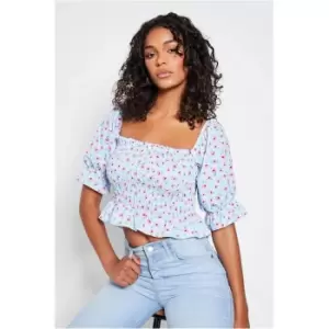 I Saw It First Multi Cotton Poplin Shirred Puff Sleeve Frill Hem Crop Top - Multi