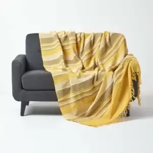 Cotton Morocco Striped Yellow Throw, 255 x 360cm - Yellow - Homescapes