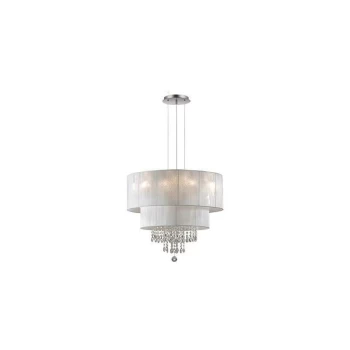 Ideal Lux Opera - 6 Light Ceiling Pendant Chrome, Crystals with And White Shade, E27