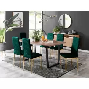 Furniture Box Kylo Brown Wood Effect Dining Table and 6 Green Velvet Milan Gold Leg Chairs