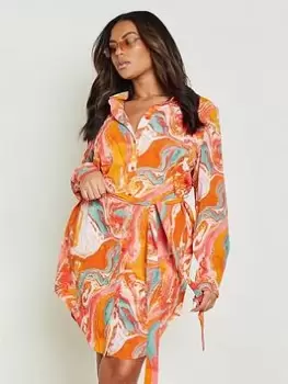 Boohoo Curve Marble Effect Shirt Dress - Orange, Size 22, Women