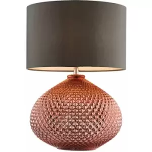 Modern Textured Table Lamp Copper Glass Base & Grey Shade Bedside Feature Light