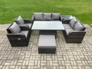 Fimous 7 Seater Outdoor Dark Grey Rattan Lounge Complete Sofa Set with Adjustable Dining Table, Side Table and Big Footstool