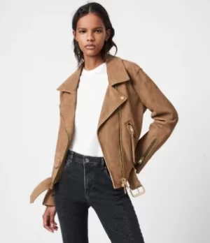 AllSaints Womens Luna Suede Biker Jacket, Tan Brown, Size: S