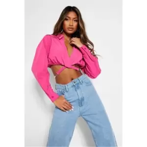 I Saw It First Hot Pink Wrap Around Hardware Detail Cropped Shirt - Pink