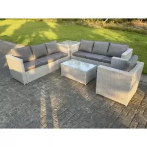 Fimous 7 Seater Outdoor Light Grey Rattan Corner Complete Sofa Set with Oblong Square Coffee Table