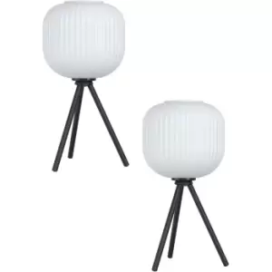 2 PACK Table Desk Lamp Colour Black Tripod Shade White Ridged Glass E27 1x40W