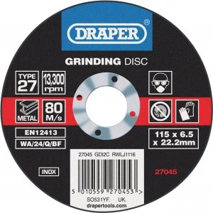 Draper Inox Stainless Steel Grinding Disc 115mm 6.5mm 22mm