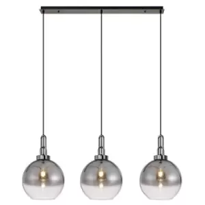 Luminosa Linear 3 Light Pendant E27 With 30cm Globe Glass, Smoked, Clear Black Chrome, Matt Black