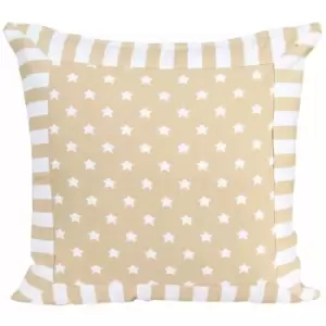 HOMESCAPES Cotton Beige Stripe Border and Stars Cushion Cover, 60 x 60cm - Natural