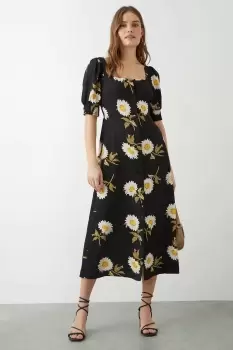 Black Large Floral Button Through Midi Dress