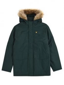 Lyle & Scott Lyle & Scott Boys Fleece Lined Faux Fur Hood Parka, Green, Size Age: 12-13 Years