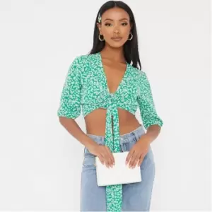 I Saw It First Petite Floral Print Tie Front Crop Top - Green