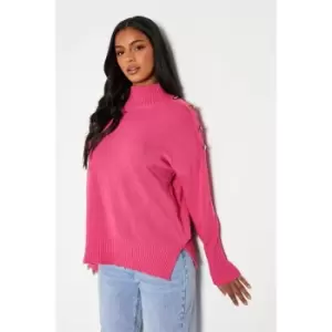 I Saw It First Recycled Blend High Neck Button Shoulder Knit Jumper - Pink