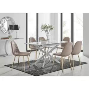 Lira 120 Extending Dining Table and 6 Cappuccino Corona Faux Leather Dining Chairs with Gold Legs Diamond Stitch - Cappuccino