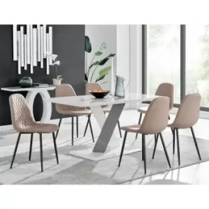 Monza 6 White/Grey Dining Table & 6 Cappuccino Corona Faux Leather Dining Chairs with Black Legs Diamond Stitch - Cappuccino