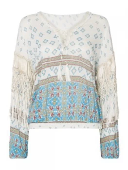 Free People Macra Maze Me Long Bell Sleeve Printed Top White