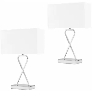 Minisun - 2 x Chrome Table Lamps + White Rectangular Shade - No Bulbs