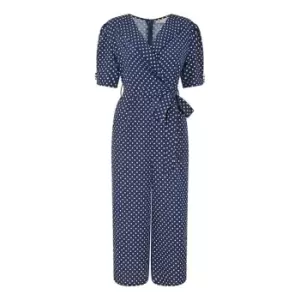 Yumi Navy Spot Print Retro Culotte Jumpsuit - Blue