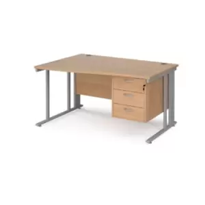 Office Desk Left Hand Wave Desk 1400mm With Pedestal Beech Top With Silver Frame Maestro 25 MCM14WLP3SB