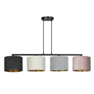 Hilde Black Bar Pendant Ceiling Light with Black, Gray, Pink Fabric Shades, 4x E27