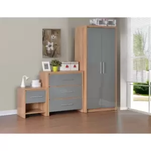 Seconique Seville Grey Gloss & Oak 3 Piece Bedroom Set Wardrobe, Drawers & Bedside Cabinet