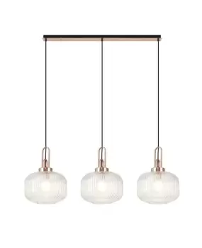 Linear 3 Light Pendant E27, Copper, Matt Black With 30cm Round Ribbed Clear Glass