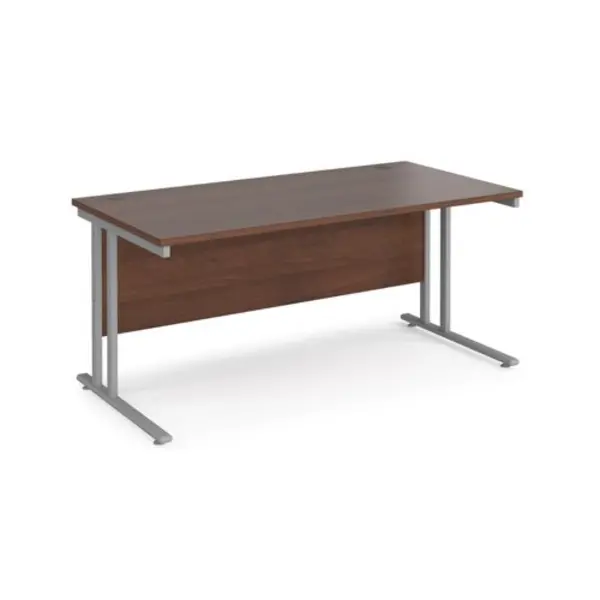 Office Desk 1600mm Rectangular Desk With Cantilever Leg Walnut Tops With Silver Frames 800mm Depth Maestro 25