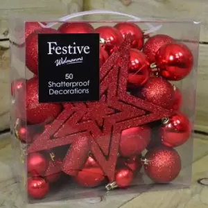 50pcs Shatterproof Baubles Christmas Decoration with Tree Topper Star in Red