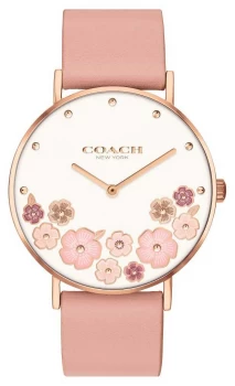 Coach Perry Womens Pink Calf Skin Leather Strap Floral Watch