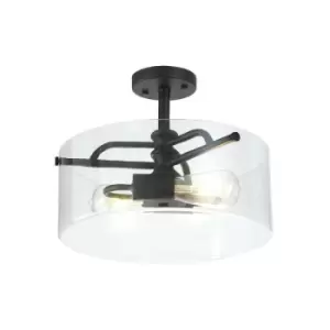 Luminosa Clarence Semi Flush Ceiling Lamp, 2 Light E27, Sand Black, Clear Glass