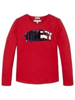 Tommy Hilfiger Girls Long Sleeve Sequin Logo T-Shirt - Red, Size Age: 14 Years, Women