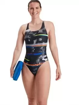 Speedo Placement Digital Powerback Swimsuit, Black, Size 30, Women
