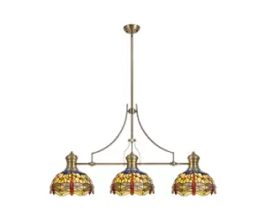 3 Light Telescopic Ceiling Pendant E27 With 30cm Tiffany Shade, Antique Brass, Blue, Orange, Crystal