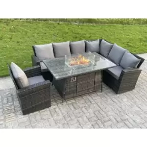 Fimous 7 Seater Dark Grey Rattan Corner Sofa Set with Gas Fire Pit Dining Table and Gas Heater