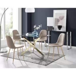 Furniturebox Leonardo 120cm Modern Glass And Gold Metal Leg Dining Table And 4 Cappuccino Beige Corona Faux Leather Dining Chairs with Gold Legs