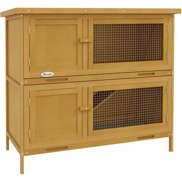 PawHut Pawhut - Double Decker Rabbit Hutch Bunny Cage Pet House Outdoor w/ Tray, Yellow - Yellow 5056725334703