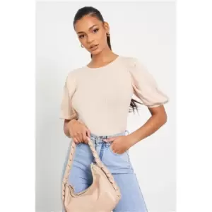 I Saw It First Stone Ribbed Puff Sleeve Knitted Crop Top - Brown