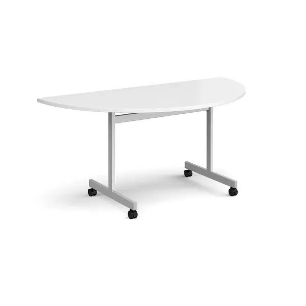 Semi Circular White Flip Top Meeting Table with Silver Frame - 1600mm