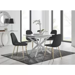 Lira 100 Extending Dining Table and 4 Black Corona Faux Leather Dining Chairs with Gold Legs Diamond Stitch - Black