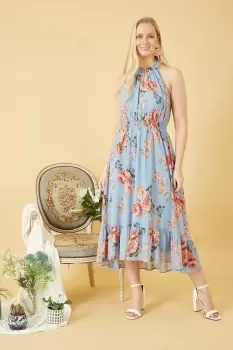 Blue Rose Halter Neck Dipped Midi Dress