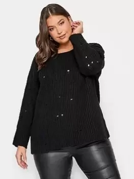 Yours Distressed Crew Neck Jumper Black, Size 14-16, Women