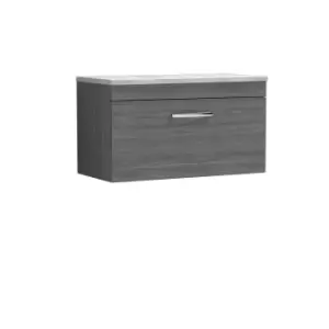 Nuie Athena 800 Wall Hung Single Drawer Vanity & Bellato Grey Worktop - Grey Woodgrain