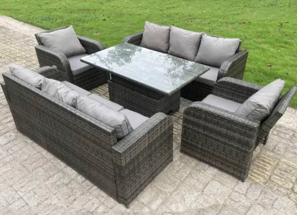 Fimous 8 Seater Outdoor Dark Grey Rattan Lounge Complete Sofa Set with Adjustable Dining Table and Reclining Chairs