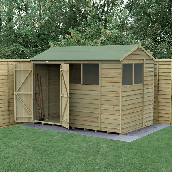 10' x 6' Forest 4Life 25yr Guarantee Overlap Pressure Treated Double Door Reverse Apex Wooden Shed - 4 Windows (3.01m x 1.99m)